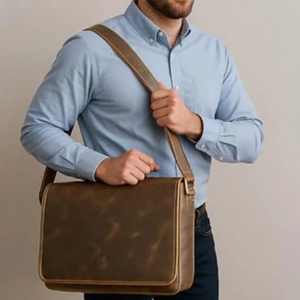 Men's Vintage Leather Messenger Bag Full Grain Leather Laptop Bag, 16